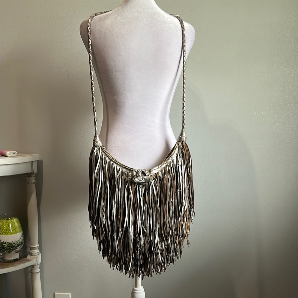 [En Shalla] Fringe Shoulder Bag in Silver and Brown Leather - NWT